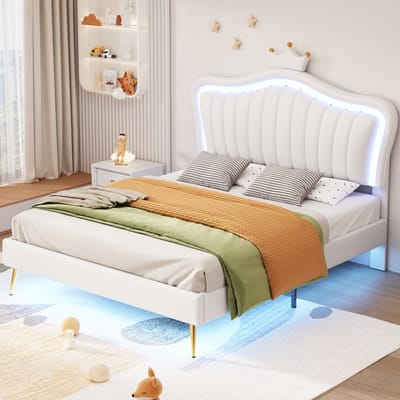 DESMIU Kinderbed 140x200cm – Gestoffeerd Bed Met Kronen Hoofdbord En Verstelbare Rugleuning – Met Opbergruimte Onder Bed – Voor Kinderkamer – MDF Kunstleer Metaal – Wit – Zonder Matras
