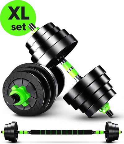 Halterset 30 KG - 2x15 KG - GRATIS trainingschema - Dumbell Set - Barbell Halterstang met Gewichten – Verstelbare Dumbells met Gewichtschijven - Fitness Stang