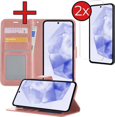 Hoesje - Met 2x Screenprotector - Geschikt voor Samsung Galaxy A35 - Luxe Pasjeshouder - Flip Case - Bookcase Portemonee - Kunstleer Book Case - Flipcase Hoes - Book Cover - Walletcase - Portemonneehoes - Telefoonhoes - Rosé goud