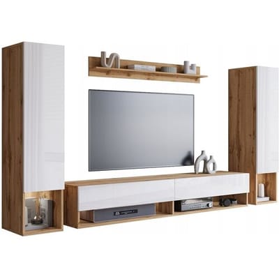 Moderne woonwand – hangende set voor woonkamer met 2 kolommen + TV-meubel 180 cm + plank, corpus wotan eiken mat, fronten wit hoogglans