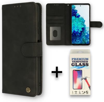 Casemania Hoesje Geschikt voor Samsung Galaxy S21 FE Charcoal Gray & Glazen Screenprotector - Luxe Portemonnee Book Case - Kaarthouder & Magneetlipje