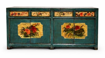 Fine Asianliving Antieke Chinese Dressoir Teal Pioenrozen Handgeschilderd B185xD40xH85cm Chinese Meubels Oosterse Kast
