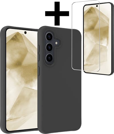 Hoesje - Met Screenprotector - Geschikt voor Samsung Galaxy A55 - Sterk & Shockproof - Back Cover - Siliconen Case - Telefoon Hoes - Telefoonhoesjes - Zwart