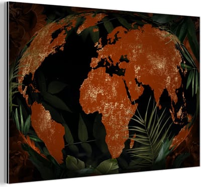 Wanddecoratie Metaal - Aluminium Schilderij Industrieel - Wereldkaart - Planten - Wereldbol - 90x60 cm - Dibond - Foto op aluminium - Industriële muurdecoratie - Voor de woonkamer/slaapkamer