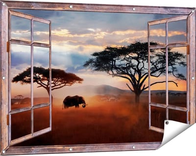 Gards Tuinposter Doorkijk Olifant in het Wild - Savanne - 120x80 cm - Tuindoek - Tuindecoratie - Wanddecoratie buiten - Tuinschilderij