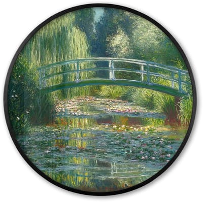 Poster in lijst Rond - Fotolijst 60x60 cm - Posters - Brug - Hout - Vijver - Waterlelies - Ronde posterlijst zwart - Decoratie - Wanddecoratie woonkamer - Muurdecoratie slaapkamer