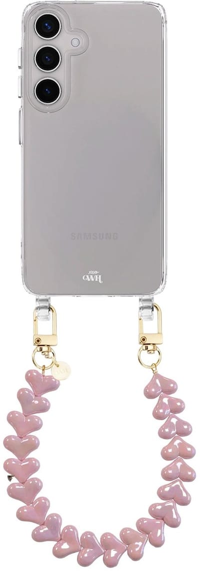 xoxo Wildhearts siliconen hoesje geschikt voor Samsung Galaxy S26 Plus hoesje - Funky Hearts (Pink Metallic) - Telefoonhoesje - Hoesje met koord - Metallic roze koord - kort telefoonkoord - Hartjes ketting - Transparant hoesje