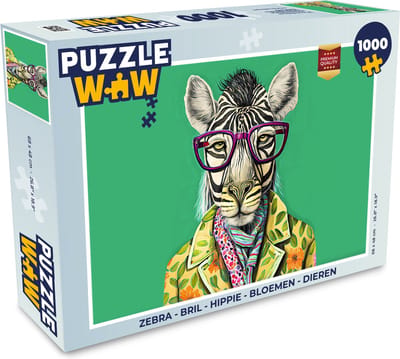 Puzzel Zebra - Bril - Hippie - Bloemen - Dieren - Legpuzzel - Puzzel 1000 stukjes volwassenen