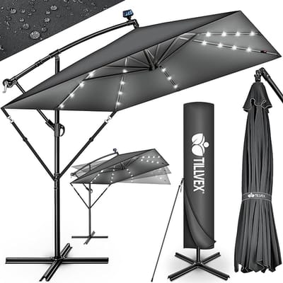 Zweefparasol met LED verlichting 330 cm – Rechthoekige tuinparasol 235x235 cm, 32 solar LED lampen, 360° draaibaar, UPF 50+, aluminium frame, kantelbaar 90–135°, windbestendig – Mobili Bella