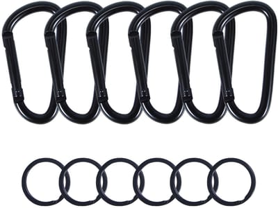 MTTProducts - Carabiner Haak Set - 6 Stuks - Veilig en Robuust - Zwart - Aluminium Carabiner - Voor Camping en Accessoires - 75mm