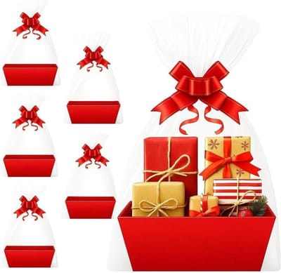 Lege geschenkmand met handvat in rood, ideaal voor Kerstmis, Valentijnsdag en verjaardagen, inclusief 5 krimpfolies en strikken.