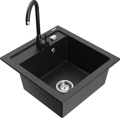 Mexen Vito granieten gootsteen 1-kompartment met keukenmengkraan Telma, zwart/gouden metallic - 6503-75-670200-70