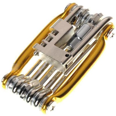 Kit d'outils de réparation de vélo 11 en 1, clé de VTT, tournevis, chaîne, rayons hexagonaux, kit multifonction de réparation de vélo, outil de cyclisme or