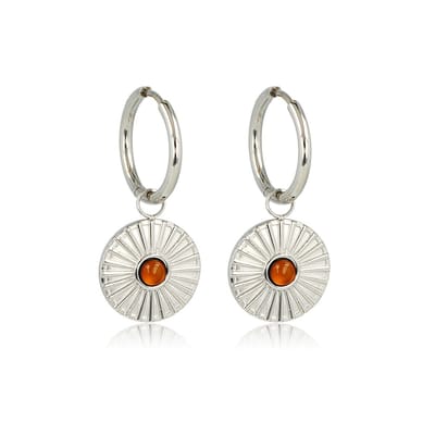 My Bendel - Zilverkleurige Oorbellen Carnelian Zonnetje - Stralende Zilverkleurige Oorringen met Carnelian Zonnetje - met Luxe Cadeauverpakking | Sieraden Voor Dames