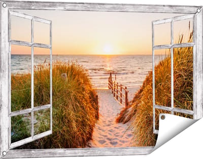 Gards Tuinposter Doorkijk Voetpad in de Duinen met Zonsondergang - 90x60 cm - Tuindoek - Tuindecoratie - Wanddecoratie buiten - Tuinschilderij