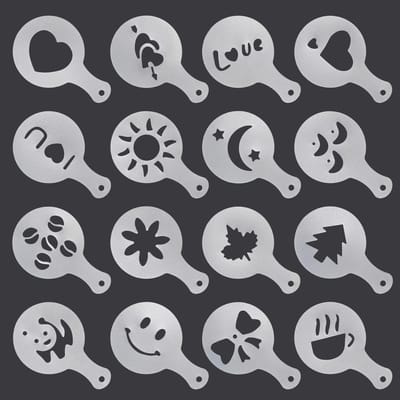 Dailygoods- Koffie Stencils 16 Stuks - Herbruikbare Sjablonen - Kunststof - Decoratie Accessoires - Perfect voor Bakken - Grootte 8,5x13,1 cm