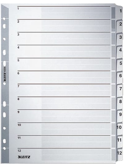LEITZ tabbladen met cijfers 1-12, A4, grijs, 12-delig