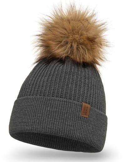 Vivisence Dames Wintermuts - Zachte Acrylbrei Met Pompom Van Imitatiebont Vormvast En Rekbaar - Warme Bescherming In Koude Winterdagen Beperkt Statisch Haar Voor Comfort En Stijl - Donkergrijs