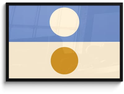 Poster in lijst - Fotolijst 90x60 cm - Posters - Cirkels - Symmetrisch - Wit - Blauw- Geel - Posterlijst zwart - Decoratie - Wanddecoratie woonkamer - Muurdecoratie slaapkamer