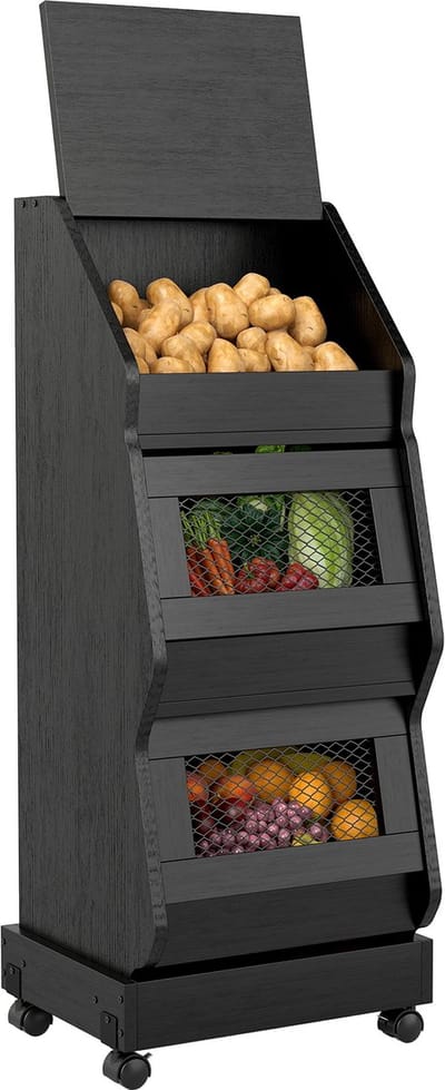 Puluomis - Aardappelkast - Groentekast - Verplaatsbaar met wielen - Met deksel - Keuken Opbergkasten - 40x30x96cm - Zwart