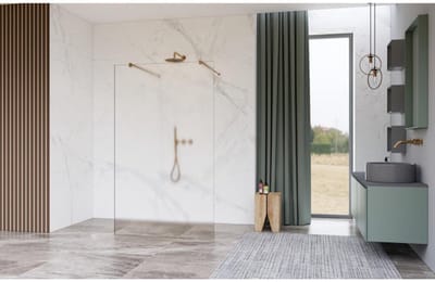 FugaFlow Eccelente Vetro Vrijstaande inloopdouche badkamer - 100x200cm - Glas mat - antikalk - 8mm veiligheidsglas - met wandarmen - Koper geborsteld -
