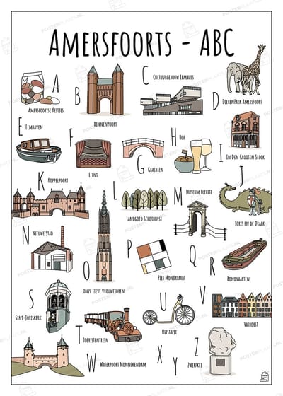 ABC Poster Amersfoort - 50 x 70 cm - Educatieve Letterposter met Handgetekende Illustraties - Kinderkamer & Wanddecoratie - Woondecoratie - Relatiegeschenk