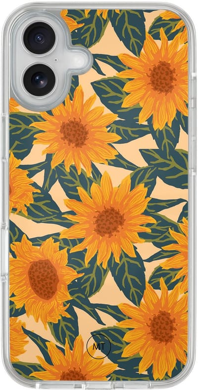 Hybride hoesje geschikt voor iPhone 16 - Zonnebloemen - Extra bescherming - Luxe beschermhoes - TPU case - Transparant, Oranje - Mooie Telefoonhoesjes