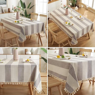 Gestreept Tafelkleed Rechthoekig Katoen Linnen Stof - Stofwerende Tafelbeschermer voor Keuken en Eetkamer (Taupe)