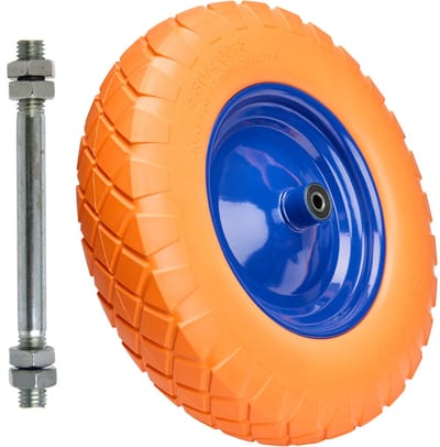 GARRONDA - PU Massief Wiel 4.80/4.00-8 lekvrij onderhoudsvrij tot 100 kg Kruiwagenwiel Vervangwiel Kruiwagen met As Stalen Velg Kogellager voor Tuinwagen Erf Bouwplaats GD-0165, Oranje-Blauw
