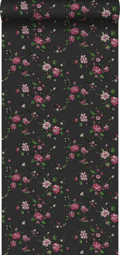Origin Wallcoverings behang bloemetjes zwart en roze - 53 cm x 10.05 m - 326127