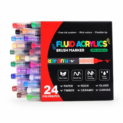 Direct-vloeibare acrylmarkers - doos met 24 kleuren - zonder indrukken, laagbaar en watervast - zachte punt - basisverpakking