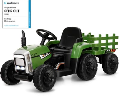 COSTWAY 12 V 3 versnellingen tractor met afneembare hanger en 2,4 G afstandsbediening, kinderzittractor met ledverlichting, muziek, claxon en USB-functies, geschikt voor kinderen vanaf 3 jaar