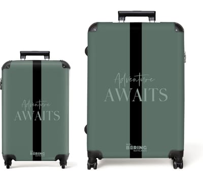 NoBoringSuitcases.com® - Kofferset 2 delig - Koffer lichtgewicht - Groen - Adventure Awaits - Reiskoffer set met 4 wielen - Handbagage trolley - Middelgrote rolkoffer - Ruimbagage koffer - Koffers met TSA slot