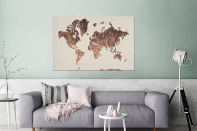 Aluminium schilderij 180x120 cm - Wanddecoratie metaal - Wereldkaart - Houten Plank - Bruin - Metalen muurdecoratie woonkamer - Decoratie industrieel - Foto op dibond - Industriële accessoires slaapkamer