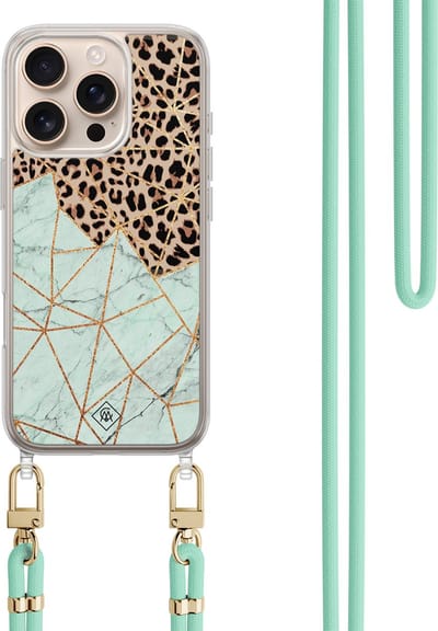 Casimoda® hoesje met koord - Geschikt voor iPhone 16 Pro - Luipaard Marmer Mint - Afneembaar koord - TPU/polycarbonaat - Mint