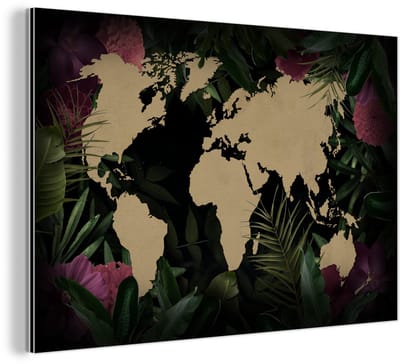 Aluminium schilderij 150x100 cm - Wanddecoratie metaal - Wereldkaart - Bloemen - Bladeren - Metalen muurdecoratie woonkamer - Decoratie industrieel - Foto op dibond - Industriële accessoires slaapkamer