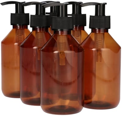 6 x 250 ml Pharma PET Fles Bruin met Dispenserpomp Zwart- PET Kunststof BPA-vrij - Plastic Flessen Navulbaar - Met Dop - Lege Flessen - 6 stuks