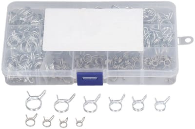 Dailygoods- Slangklem 150 Stuks - Dubbele Draadveerbuisclip - Roestvrij Staal - Assortiment - Diverse Maten - Opbergdoos - Buisclip