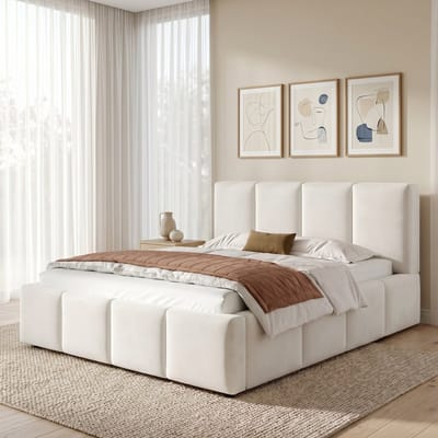 Gestoffeerd bed - tweepersoonsbed - 180 x 200 cm - met bedbodem - gestoffeerd hoofdeinde - beige fluweel