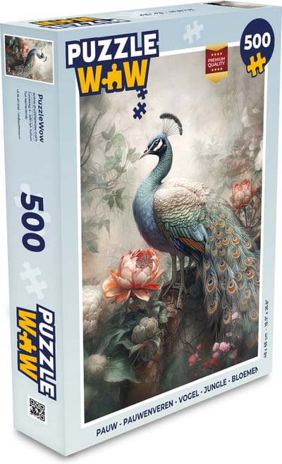 Puzzel Pauw - Pauwenveren - Vogel - Jungle - Bloemen - Legpuzzel - Puzzel 500 stukjes