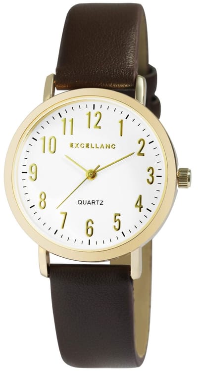Excellanc-dameshorloge-goudkleurig-bruine band-diameter 34 mm-3 atm-duidelijke wijzerplaat