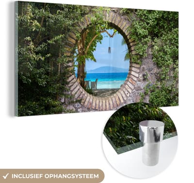 MuchoWow® Glasschilderij 40x20 cm - Schilderij acrylglas - Strand - Doorkijk - Tropisch - Strandstoel - Foto op glas - Schilderijen