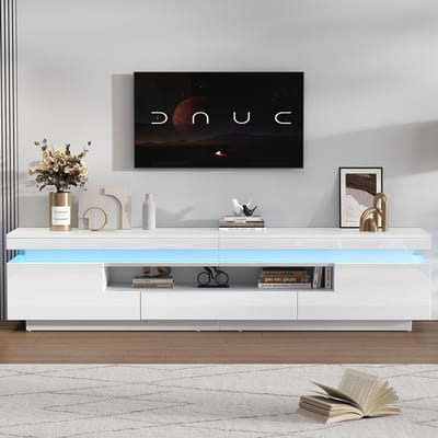 Pugsdrly TV-meubel voor de woonkamer 175*38*45 cm met 2 L-kasten en 1 lade, glanzende woonkamerkast met LED, laag meubel met halfopen opbergruimte, TV-meubel geschikt voor 75 inch televisies