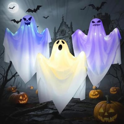 LUZOON Halloween Decoration, Outdoor, Halloween, Pack of 3, 65 x 70 cm, LED Lighting, Ghost Windsock Hanging Decoration for Indoor and Outdoor Garden, Horror, Theme Party