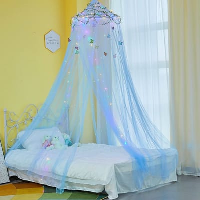 longziming -Prinses Beddenluik - Kinderkamertent - Hangend Net - Glow-in-the-Dark Sterren - LED-Verlichting - Fijn Geweven Bescherming - Veilige Slaapomgeving - 1 Set - Blauw