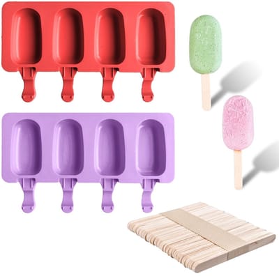 Dailygoody - IJsvormen - Siliconen ijslollyvormen - Perfect voor zomerse traktaties - Rood en paars - IJs maken met kinderen - Inclusief houten s