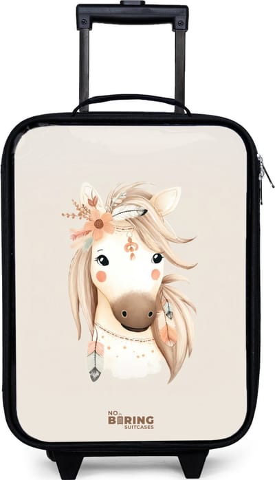 NoBoringSuitcases.com® - Kinderkoffer jongen - Kindertrolley meisje - Bohemian paard in pastel kleuren - Koffer kind lichtgewicht - Reiskoffer trolley voor kinderen - Koffertje met lichtgevende wieltjes - Rolkoffer zwart