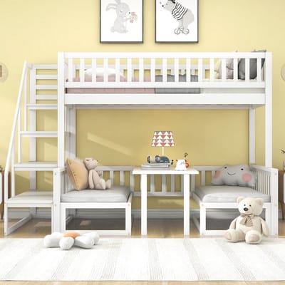 Ruimtebesparend stapelbed met trap - met verstelbare tafel - met houten bank - stevig grenen frame - wit - 90x200cm&120*200cm