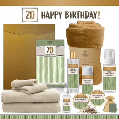 Geschenkset “20 Happy Birthday!” - 12 producten - 1910 gram | Triomf Groene Strepen - Giftset voor haar hem Twintig Cadeau Luxe Wellness Pakket Vrouw Man Speciaal Cadeaupakket Geschenk Verjaardag pakket Gift Set Giftset Goud Beige