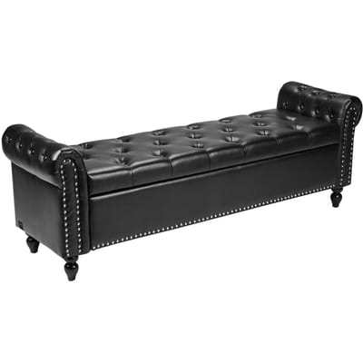 Banc Coffre Pouf capitonné à Boutons, Banc à Bras Volutes en Cuir PU sur Pieds en Bois Massif, Banc Siège Moderne pour Entrée, Bout de Lit Rembourré